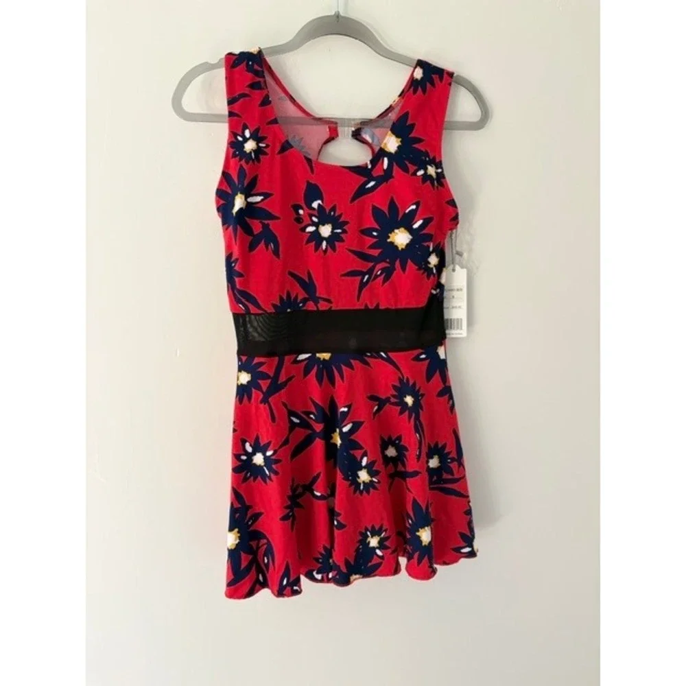 NWT Red Floral Mesh Midriff One Piece Swim Dress BS110 Womens Medium